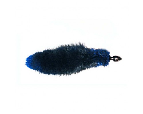 Чёрная малая анальная пробка с синим лисьим хвостом