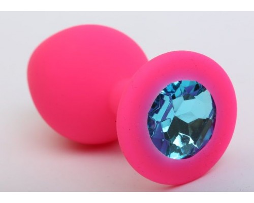 Розовая силиконовая анальная пробка с голубым стразом - 9,5 см.