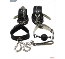 Набор БДСМ-девайсов из чёрной кожи на мягкой подкладке: наручники, наножники, ошейник с поводком, кляп