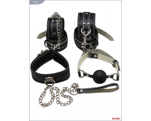 Набор БДСМ-девайсов из чёрной кожи на мягкой подкладке: наручники, наножники, ошейник с поводком, кляп