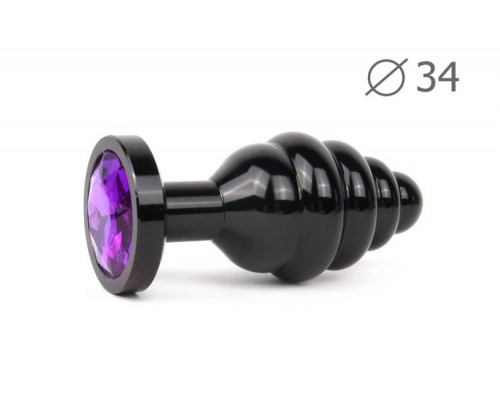 Коническая ребристая черная анальная втулка с фиолетовым кристаллом - 8 см.