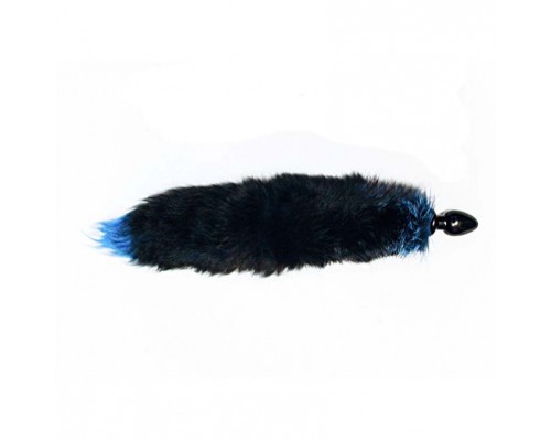 Черная анальная пробка с голубым лисьим хвостом