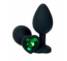 Черная силиконовая пробка с зеленым кристаллом-сердцем - 8,5 см.