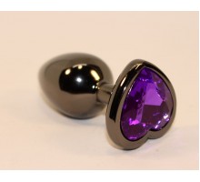 Чёрная анальная пробка с фиолетовым кристаллом-сердцем - 8 см.