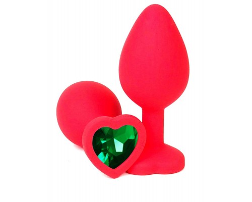 Красная силиконовая анальная пробка с зеленым стразом-сердцем - 10,5 см.
