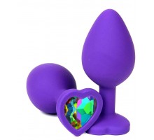 Фиолетовая силиконовая пробка с разноцветным кристаллом-сердечком - 9,5 см.