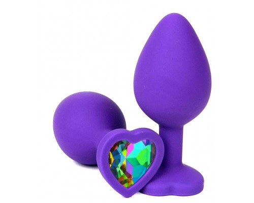 Фиолетовая силиконовая пробка с разноцветным кристаллом-сердечком - 9,5 см.