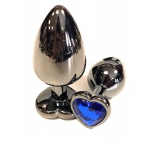 Черная металлическая анальная пробка с синим стразом-сердечком - 7,5 см.