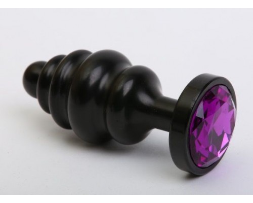 Черная фигурная анальная пробка с фиолетовым кристаллом - 8,2 см.