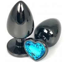 Черная металлическая анальная пробка с голубым стразом-сердечком - 9 см.