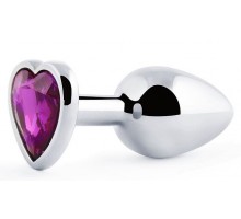 Серебристая анальная пробка с фиолетовым кристаллом-сердечком - 8 см.
