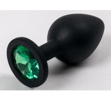 Черная силиконовая анальная пробка с зеленым кристаллом - 9,5 см.