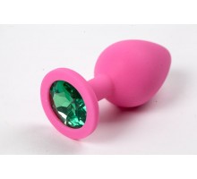 Розовая силиконовая анальная пробка с зеленым стразом - 8,2 см.