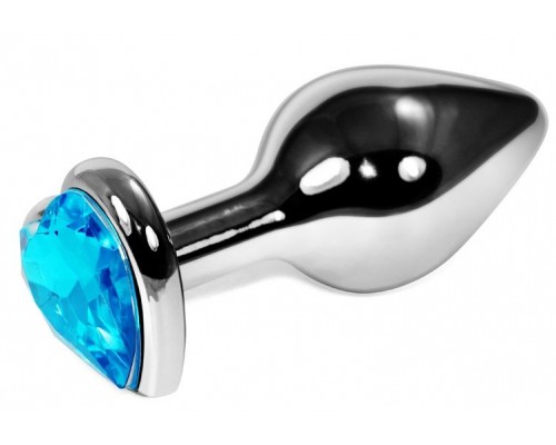 Серебристая анальная пробка с голубым кристаллом-сердцем - 9 см.