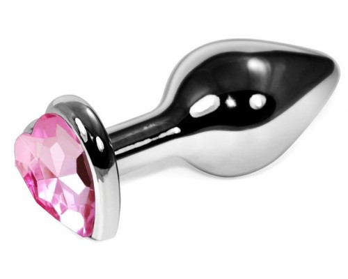 Серебристая анальная пробка с нежно-розовым кристаллом-сердечком - 8 см.