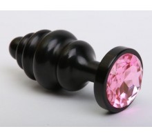 Черная фигурная анальная пробка с розовым кристаллом - 8,2 см.