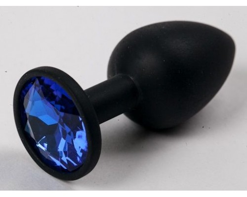 Черная силиконовая анальная пробка с синим стразом - 7,1 см.