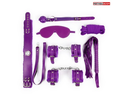 Большой набор БДСМ в фиолетовом цвете: маска, кляп, плётка, ошейник, наручники, оковы, верёвка