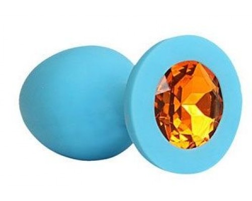 Голубая силиконовая анальная пробка с оранжевым кристаллом - 9,5 см.