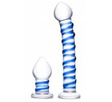 Набор из 2 стеклянных игрушек с синей спиралью Swirly Dildo   Buttplug Set