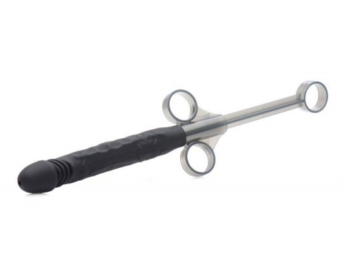 Черный шприц в форме пениса для введения лубриканта Jizz Shooter Silicone Dildo Lube - 19,7 см.