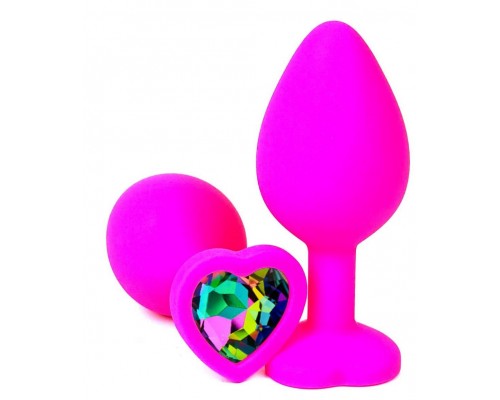Розовая силиконовая пробка с разноцветным кристаллом-сердечком - 8 см.