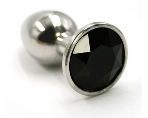 Серебристая алюминиевая анальная пробка с чёрным кристаллом - 7 см.