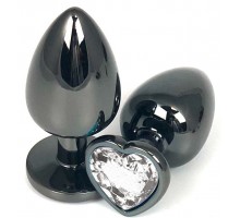 Черная металлическая анальная пробка с прозрачным стразом-сердечком - 7,5 см.